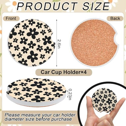 Boao 4 Pcs White Flower Car Cupholder Coasters for Valentine's Day, Ceramic Coasters 2.56'' Anti Slip Base with Finger Notch for Dry Clean, Car Interior Accessories, Birthday Gifts - style: White Flower