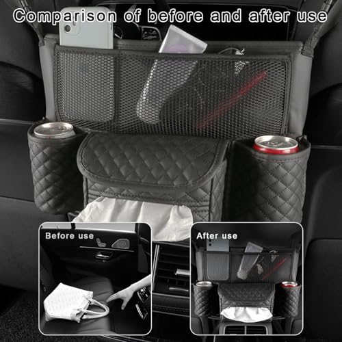Car Purse Holder Between Seats, Luxury Leather Front Seat Back Handbag Organizer with Tissue Box Cup Holders, Auto Large Capacity Multi Pocket Purse Holder Hanging Storage Bag (Black) - color: Black