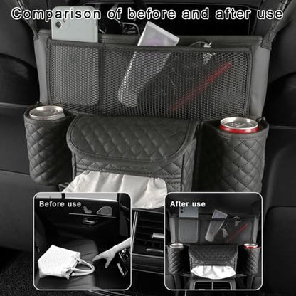 Car Purse Holder Between Seats, Luxury Leather Front Seat Back Handbag Organizer with Tissue Box Cup Holders, Auto Large Capacity Multi Pocket Purse Holder Hanging Storage Bag (Black) - color: Black