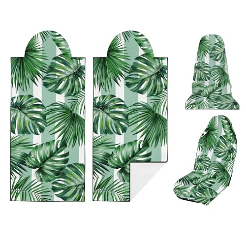 2 Pack Car Seat Towel Covers, Sweat Protector for Front Seats, Premium Thickened Microfiber with Palm Leaves, Breathable & Quick Dry, Slip-on Headrest Pocket for Gym Running Beach Universal Fit - color: Palm Leaves