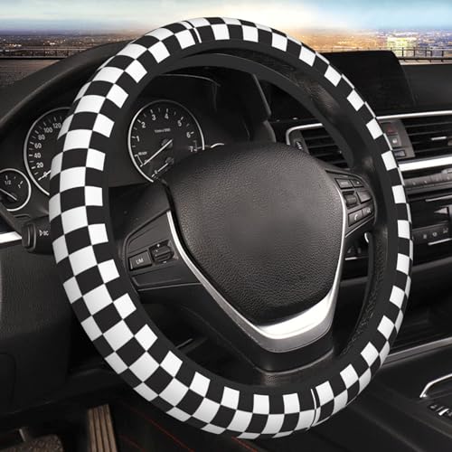 Black and White Checkered Steering Wheel Cover Rubber Anti-Slip 14.5-15 Inch Universal Steering Wheel Cover with 2 Pieces Car Coasters Suitable for Men Women - color: black and white checkered