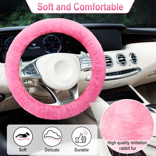 3 PCS Fluffy Steering Wheel Cover Set, 15'' Furry Car Wheel Cover, 2 Seat Belt Shoulder Pads, Anti-Slip Fur Steering Wheel Cover, Winter Warm Fluffy Car Accessories for Women, Pink - color: pink