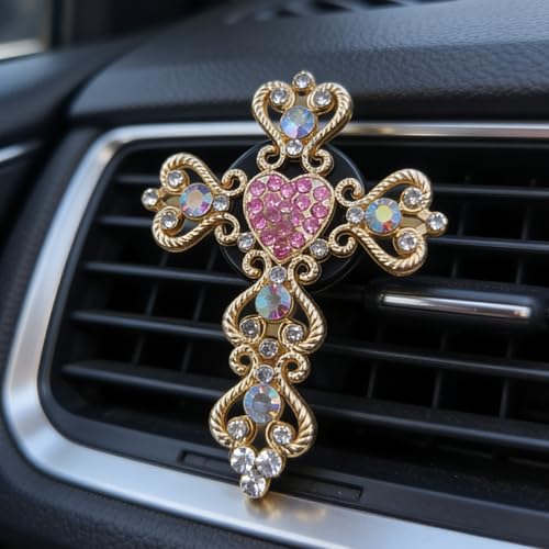 3 Pcs Christian Car Accessories for Women - Rear View Mirror Cross, Steering Wheel Rosary Charm & Air Vent Clip - Cute Girly Bling Car Decor (Pink)