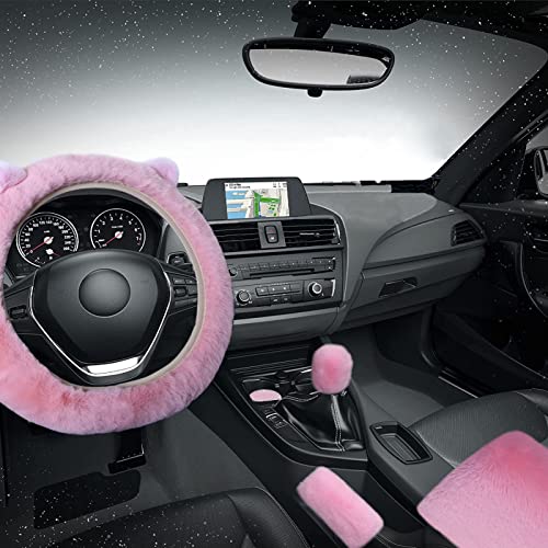 9 Pack Cute Bear Fluffy Steering Wheel Cover with Furry Gear Cover,Handbrake Cover,Seat Belt Pad,Armrest Pad,Bling Car Coaster and Fur Key Chain for Women Girls (Pink) - color: Pink