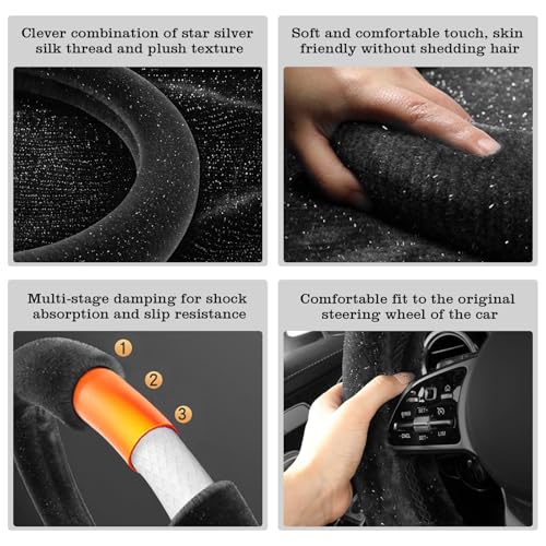 Black Bling Starry Sky Furry Steering Wheel Cover, Universal 14.5-15 Inch Winter Plush Warm Steering Wheel Cover, Soft Fluffy, Anti-Slip Design, Soft Texture - color: Black Starry Sky Plush