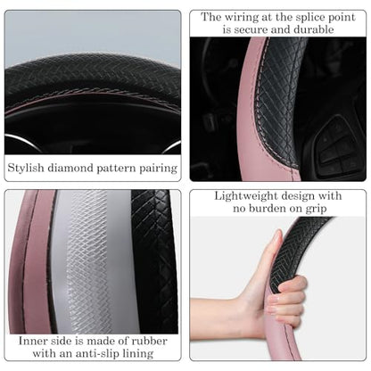 Black & Pink Car Steering Wheel Cover, Microfiber, Leather Patchwork, Universal 14.5-15 Inch Leather Anti-Slip Breathable Auto Steering Wheel Covers for Men Women - color: Black & Pink