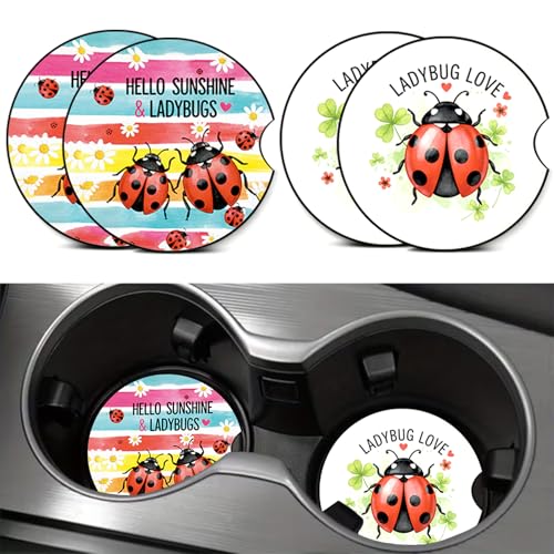 4PCS Ladybug Car Cup Holder Coasters, Cute Insect Car Coasters Cars Accessories Interior Decor Universal Neoprene 2.75" Anti-Slip Rubber Mat with Finger Slot, Ladybug Gifts for Women, Men, Driver - color: Ladybug