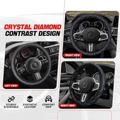 Auto Dynasty Steering Wheel Cover, Breathable Microfiber Leather Car Steering Wheel Protector with with Stylish Blue Diamond Stitch, Anti-Slip, [14 1/2 to 15 Inches] Universal Fit Cars Trucks SUVs - color: Stitched Blue