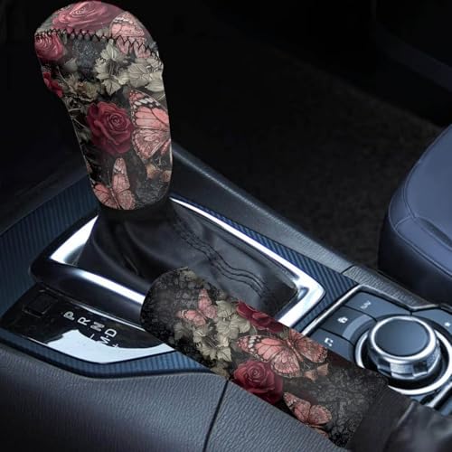 Butterfly Rose Pattern Car Handbrake Cover Gear Shift Cover Set Breathable Car Handbrake Grip Cover with Car Shift Knob Cover for Cars Truck SUV, Pack of 2 - color: Butterfly Rose