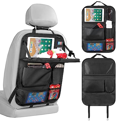 LUCMO Car Backseat Organizer with Tablet Holder,6 Storage Pockets Car Storage Organizer with Foldable Food Tray,Protectors Kick Mats Travel Accessories-Black - color: Carbon Black, size: 1 Pack with Food Tray