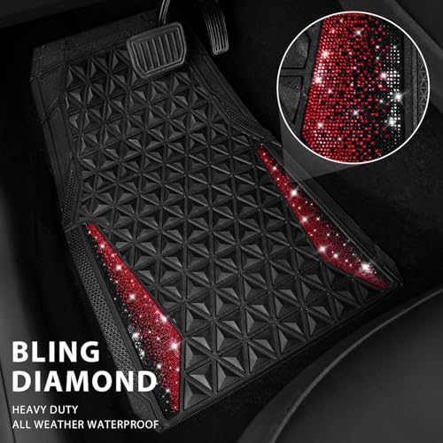 CAR PASS Bling Diamond Car Mats Rubber Floor Mats Full Set Anti-Slip 3D Rhombus Waterproof Trim to Fit Liner Universal Glitter Crystal Sparkly Shining Rhinestone Girl Women SUV Sedan Van, Black Red - color: Red Diamond