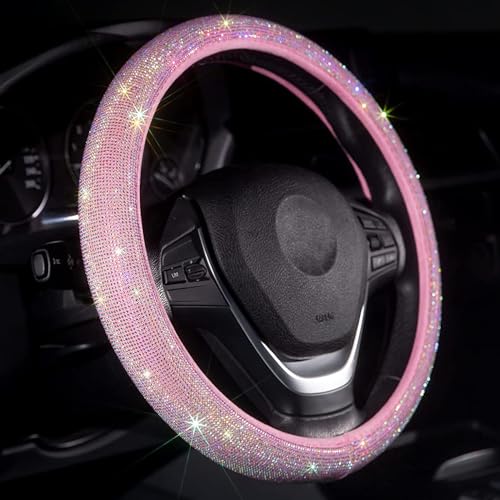 Car Steering Wheel Cover Pink for Women Girls Cute Bling Accessories 15 Inch Universal Colorful Crystal Rhinestone Diamond Rainbow Anti-Slip Wheel Protector - color: Pink, size: Standard size[14 1/2''-15'']