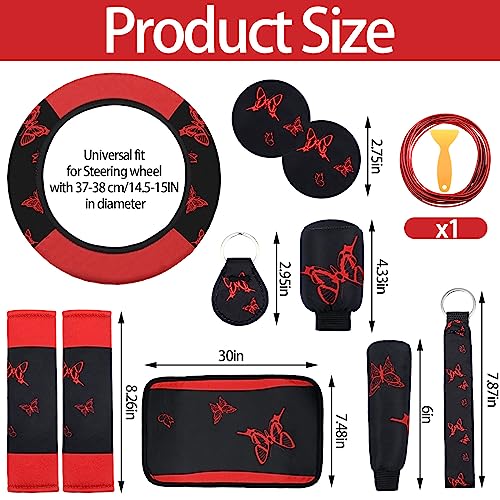 BBTO 43 Pcs Butterfly Car Seat Full Set Butterfly Car Accessories for Women 5 Front Rear Seat Covers Wrist Strap 2 Pcs Cup Mat Armrest Pad 2 Belt Xmas Cover Accessories for SUV(Red, Black)
