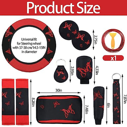 BBTO 43 Pcs Butterfly Car Seat Full Set Butterfly Car Accessories for Women 5 Front Rear Seat Covers Wrist Strap 2 Pcs Cup Mat Armrest Pad 2 Belt Xmas Cover Accessories for SUV(Red, Black)