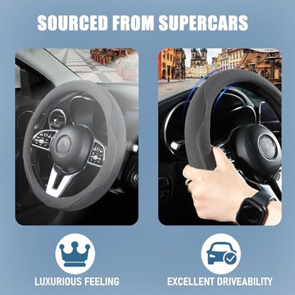 Gray Suede D Shaped Steering Wheel Cover, Breathable Non-Slip Sweat-Proof Wear-Resistant No Pilling, Warm in Winter and Cool in Summer, Universal 15 inch - color: Gray, size: D Shape-M[14.5''-15'']