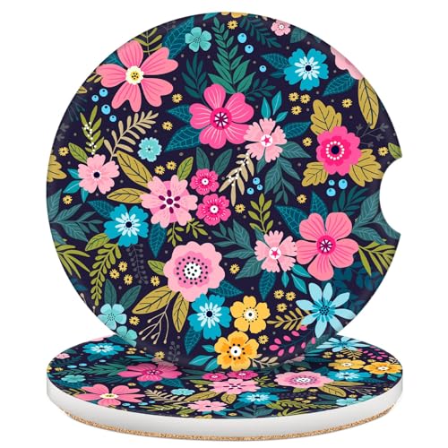 2 Pack Car Coasters for Cup Holders, 2.56" Universal Absorbent Ceramic Stone Car Cup Holder Coasters with Non-Slip Cork Base, Car Interior Accessories for Women Men(Colorful Flowers) - color: Colorful Flowers