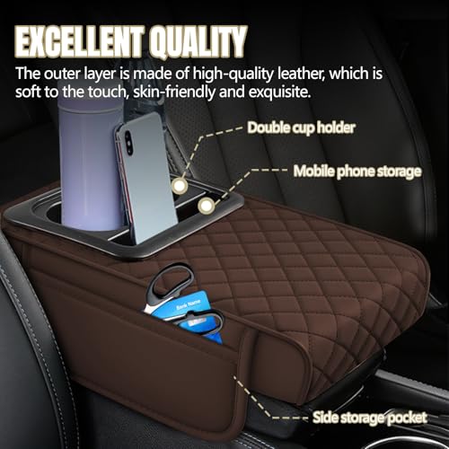 Hovom Car Center Console Cover, 13.39"×7.87"×2.76" Leather Armrest Cover for Cars, Memory Foam Armrest Pillow with Pocket, Cup Holder & Phone Slot, Universal Vehicle Arm Rest Cushion Pad (Coffee) - color: Coffee
