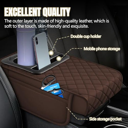 Hovom Car Center Console Cover, 13.39"×7.87"×2.76" Leather Armrest Cover for Cars, Memory Foam Armrest Pillow with Pocket, Cup Holder & Phone Slot, Universal Vehicle Arm Rest Cushion Pad (Coffee) - color: Coffee