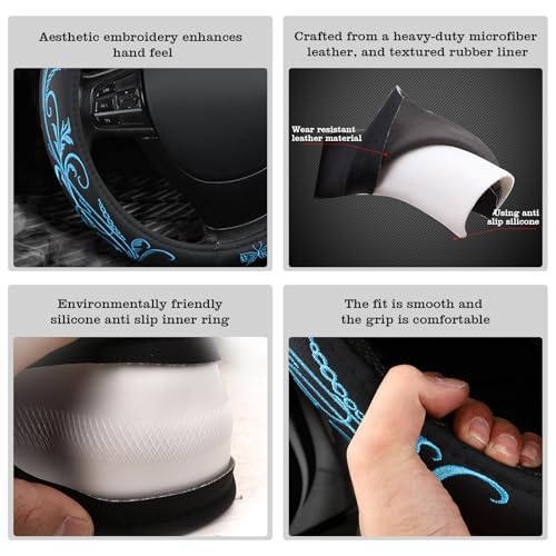 Car Leather Steering Wheel Cover - Panapi Material, Universal 14.5-15 Inch Leather Anti-Slip Breathable Auto Steering Wheel Covers for Men Women (Embroidery-Blue) - color: Embroidery-Blue