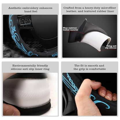 Car Leather Steering Wheel Cover - Panapi Material, Universal 14.5-15 Inch Leather Anti-Slip Breathable Auto Steering Wheel Covers for Men Women (Embroidery-Blue) - color: Embroidery-Blue