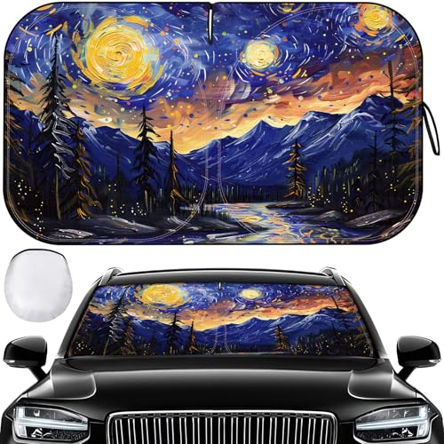 Foldable Windshield Sun Shade for Car – 240T Reflective UV and Heat Shield with Storage Bag | Keeps Interior Cool - color: Mountain Scenery & Starry Sky