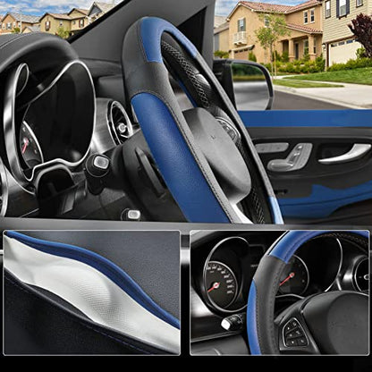 SEG Direct Car Steering Wheel Cover Universal Standard Size 14.5-15 inch, Black and Blue Microfiber Leather - color: Black and Blue, size: Standard size[14 1/2''-15'']
