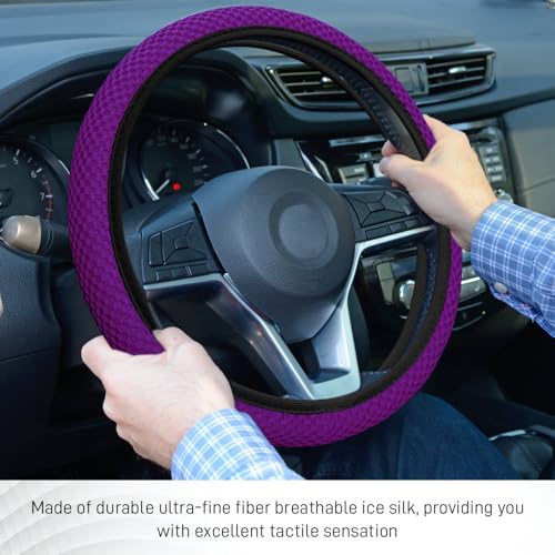 Elastic Stretch Steering Wheel Cover, Steering Wheel Protector, 15 Inch Anti-Slip Breathable Microfiber Ice Silk Protection, Easy Carry, Warm in Winter & Cool in Summer for Cars (Violet) - color: Violet