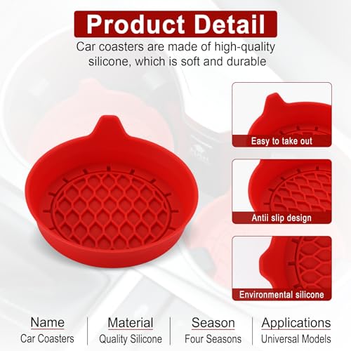SINGARO Car Cup Holder Coaster, Silicone Cup Holder Insert, Universal Non-Slip Cup Holders, Car Accessories Interior for Women and Man 4 Pack Red - color: Red