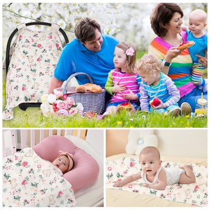 SERAPHY 100% Muslin Cotton Car Seat Covers for Babies, Universal Baby Car Seat Cover, Breathable Muslin Carseat Cover Canopies for Boys and Girls, Soft Infant Car Seat Cover for Summer — Rabbits - color: Rabbits