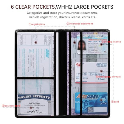 Car Registration and Insurance Card Holder for Women Men, Black Glove Box Paperwork Organizer with Magnetic Buckle for Easy Access and Protect Documents and Various Cards in Vehicle