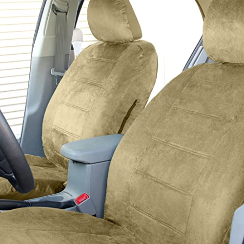 Universal Fit Beige Velour Fabric Car Seat Covers Full Set for Auto, Truck, SUV, Van – Front & Rear Split Bench, Easy Install Interior Protector Bundle Set Style