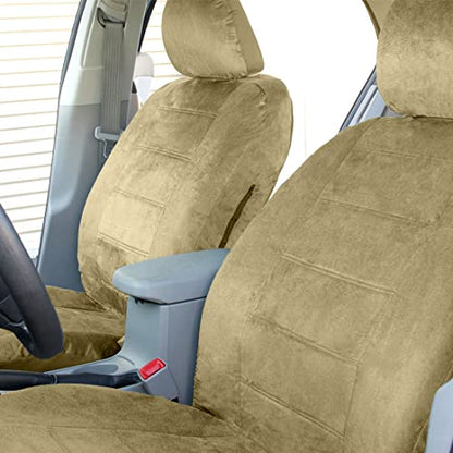 Universal Fit Beige Velour Fabric Car Seat Covers Full Set for Auto, Truck, SUV, Van – Front & Rear Split Bench, Easy Install Interior Protector Bundle Set Style