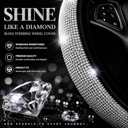 New Diamond+Leather Steering Wheel Cover,Bling Crystal Rhinestones Steering Wheel Cover Universal Fit 15" Car Wheel Protector for Women Girls (Black Leather+White Diamond) - color: black leather+white Diamond