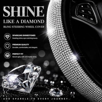 New Diamond+Leather Steering Wheel Cover,Bling Crystal Rhinestones Steering Wheel Cover Universal Fit 15" Car Wheel Protector for Women Girls (Black Leather+White Diamond) - color: black leather+white Diamond