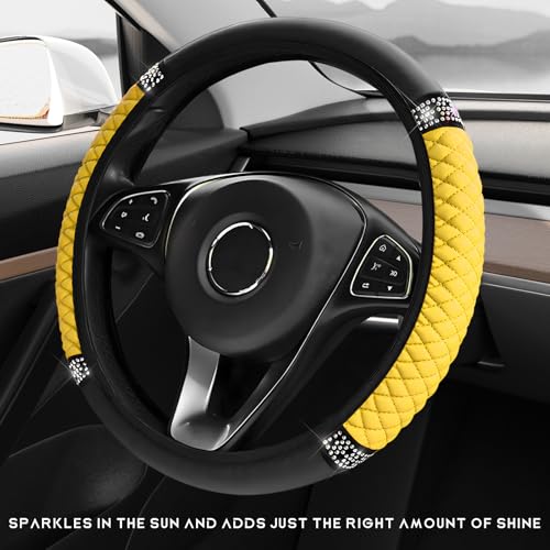 Bling Car Steering Wheel Cover, 15 Inch Sparkly Rhinestone Soft Leather Steering Wheel Protector, Non-Slip Universal Auto Elastic Steering Wheel Covers for Women Girls (Yellow) - color: Yellow