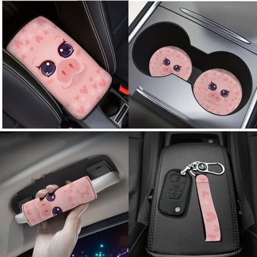 Cute Pig Car Seat Cover Full Set 17 Pc,Floor Mats/Car Seat Cushion/Steering Wheel Cover/Seat Belt Mats/Armrest Mats/Coasters/Keychains Interior Protective Accessories 15 - color: Cute Pig