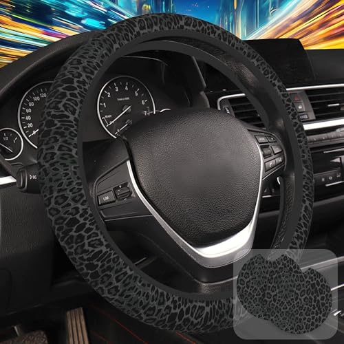 Black Leopard Print Steering Wheel Cover with 2 Pcs Car Coasters Neoprene Steering Wheel Cover for Women Men Anti-Slip Breathable Car Accessories Universal 15 Inch Fit Auto Cars Trucks - color: Black Leopard Print