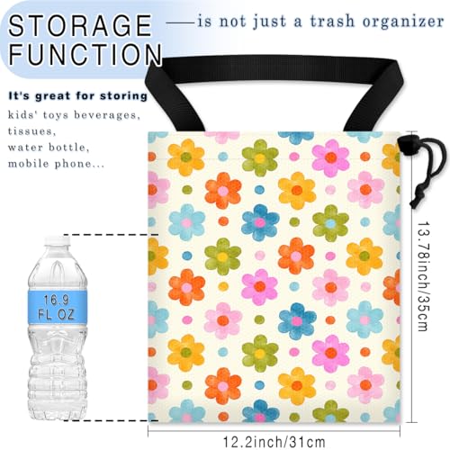 Car Trash Bag Hanging Back of Seat Waterproof Small Cute Printed One-Handed Strap Drawstring Garbage Bags for Car-Flower - color: Flower Car Trash Bag