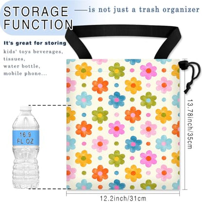 Car Trash Bag Hanging Back of Seat Waterproof Small Cute Printed One-Handed Strap Drawstring Garbage Bags for Car-Flower - color: Flower Car Trash Bag