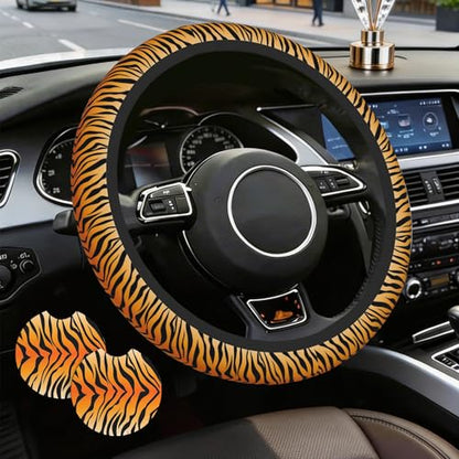 Tiger Stripes Steering Wheel Cover with 2 PCS Cup Coasters for Car,Animal Skin 15 Inch Non-Slip Neoprene Steering Wheel Covers,Breathable Car Accessories Fit for Men Women - color: Tiger Stripes