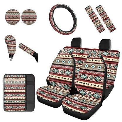 Dreaweet Aztec Ethnic Tribal Horse Car Seat Covers Full Set 12 Pcs Car Accessories,Steering Wheel Cover/Armrest Cover/Seatbelt Covers/Cup Coasters/Gear Shift Cover/Handbrake Cover,Universal Fit - color: Aztec Ethnic Tribal Horse