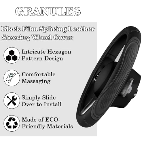 Black Film Splicing Leather Steering Wheel Cover, Microfiber Leather, Anti-Slip, Breathable, Universal Fit for 14.5–15 in Steering Wheel Cover for Men Women - color: Film-Grained - Black