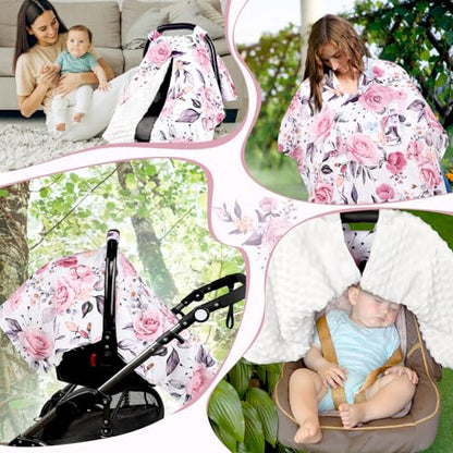 Baby Car Seat Cover, Breathable Infant Carseat Cover for Summer Peekaboo Opening Car Seat Canopy Cover, Nursing Cover for Baby Boys Girls (Pink Floral) - color: Pink