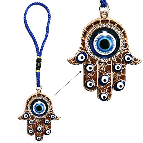 LUCKBOOSTIUM Hamsa Hand Amulet Pendant with Blue, White & Black Crystal Rhinestones & Evil Eye - Car Hanging Ornament, Rearview Mirror Accessories, Evil Eye Protection, Bag Charm, Gold Tassel - color: Gold Finish & Matching Tassel