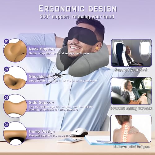 Neck Travel Pillow, Upgraded Memory Foam Pillow for Airplane, Machine Washable, Adjustable Flight Pillow, Suitable for Sleeping Airplane, Car, Office and Home (Pink)