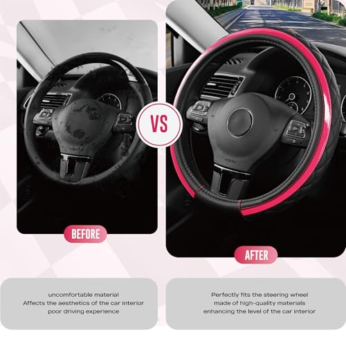 Road Comforts Leather Steering Wheel Cover – Black & Hot Pink, Universal Fit 14.5-15 Inch, Microfiber Leather, Anti-Slip & Breathable Design for Men and Women - color: Hot Pink