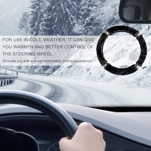 Diamond Fluffy Steering Wheel Cover, 15 Inch Bling Crystal Rhinestones Steering Wheel Protector, Winter Warm Universal Steering Wheel Pad for Women Girls, Car Accessories (Black) - color: Black