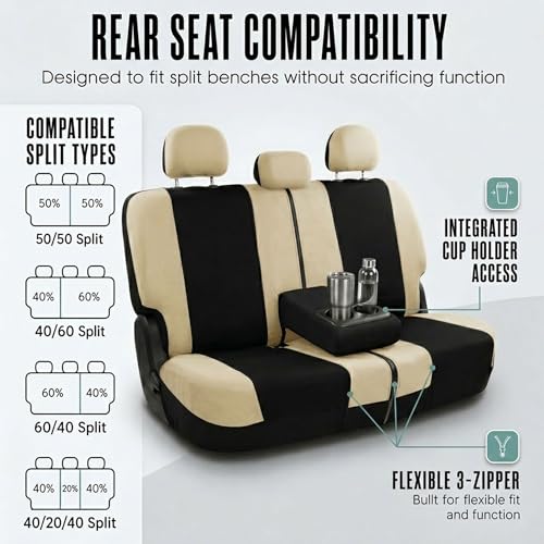Automotive Seat Covers Beige Black Universal Fit Seat Cover Combo Set with Steering Wheel Cover and Seat Belt Pad (Airbag Compatible and Split Bench) - color: Beige/Black