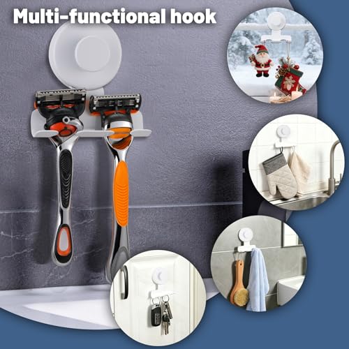 No-Drill Suction Cup Razor and Shaver Holder, Stainless Steel Shower Hook for Towel & Loofah, Damage-Free Reusable Bathroom Wall Organizer(2 Pack White) - color: White