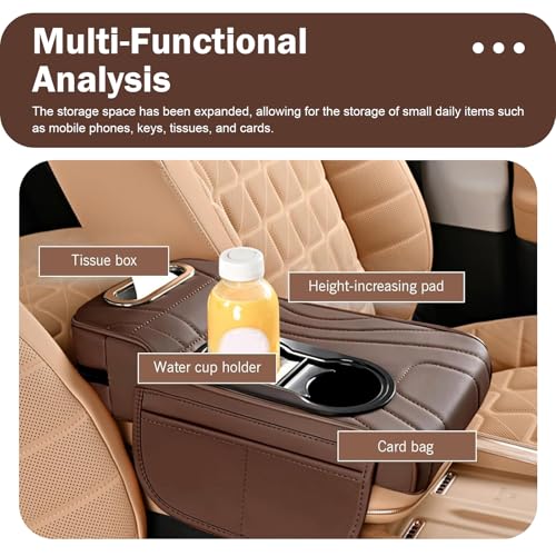 Car Armrest Cushion, Exquisite Embroidered Lines 4-in-1 Car Center Console Organizer Pad with Tissue Box, Cup Holder, 2 Storage Bags, Universal for Most Cars (Coffee)